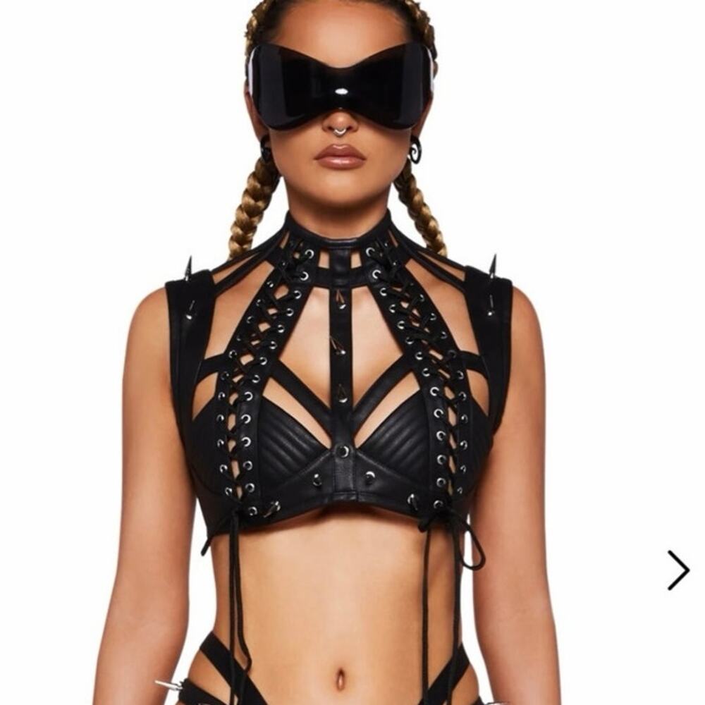 Club Exx Spiked Lace Up Bralette Harness XXS Black Rave Festival Goth Cyberpunk